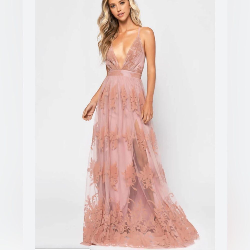 Dainty Houligan‎ blush maxi dress spaghetti straps velvet flocking wedding small